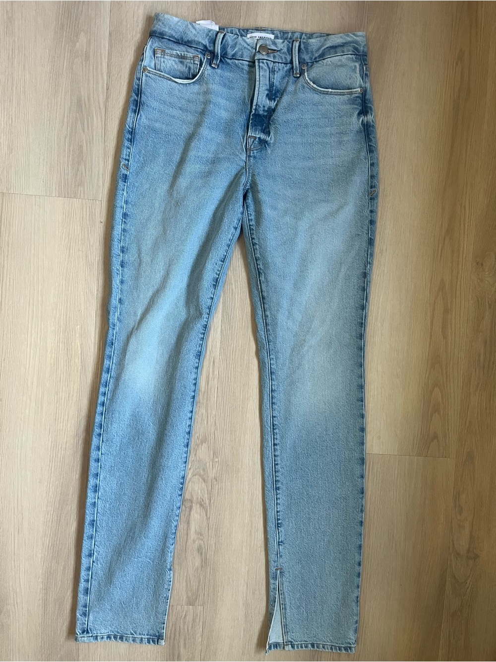 Good American Light Blue Women's High-Rise Straight leg Jeans ankle slit NWT